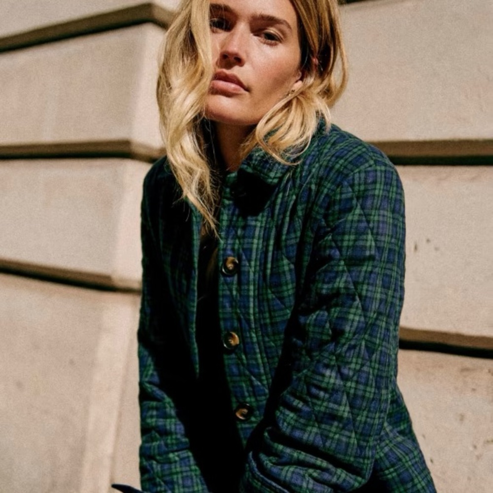 Sezane Will Jacket Tartan Bleu Vert Matelassé - Size S